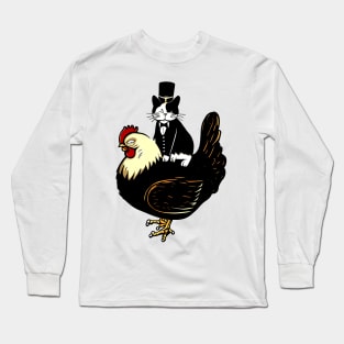 Tuxedo Cat on a Chicken Funny Long Sleeve T-Shirt